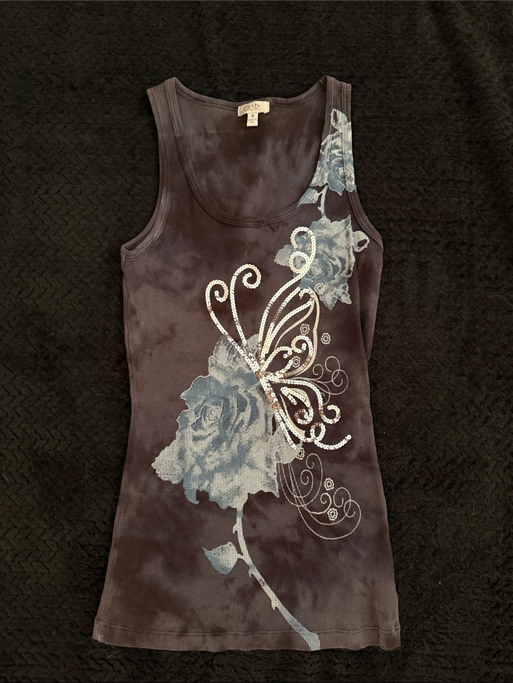 Cache Charcoal Tank with Blue Rose & Rhinestone Butterfly - Picture 2 of 3